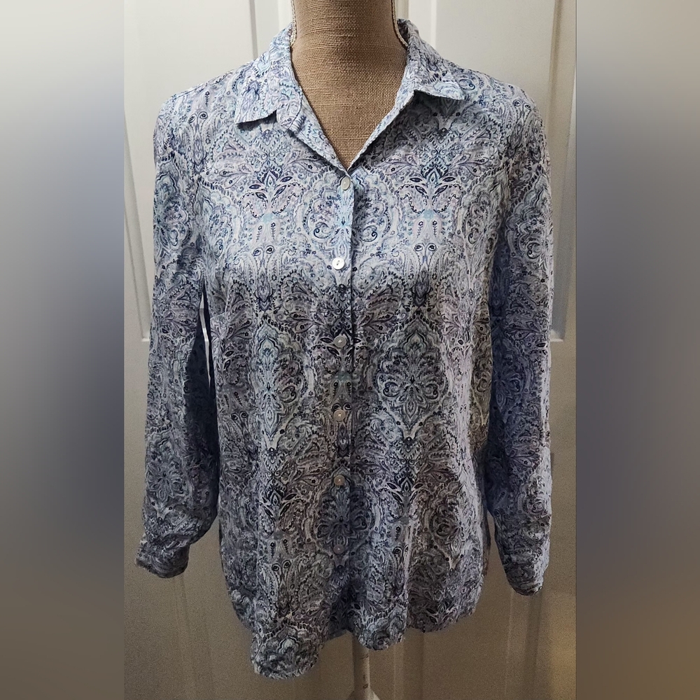 J. Jill 100% Linen Paisley Button-Up Blouse Size S